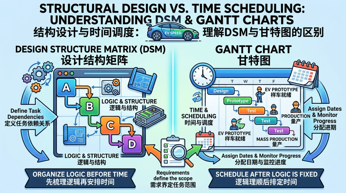 Design Structure Matrix (DSM) and Gantt Charts: Structural Design vs. Time&nbsp;Scheduling